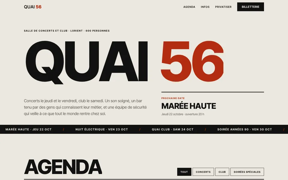 Aperçu de la démo club : très grand titre « Quai 56 » en noir et rouge sur fond clair