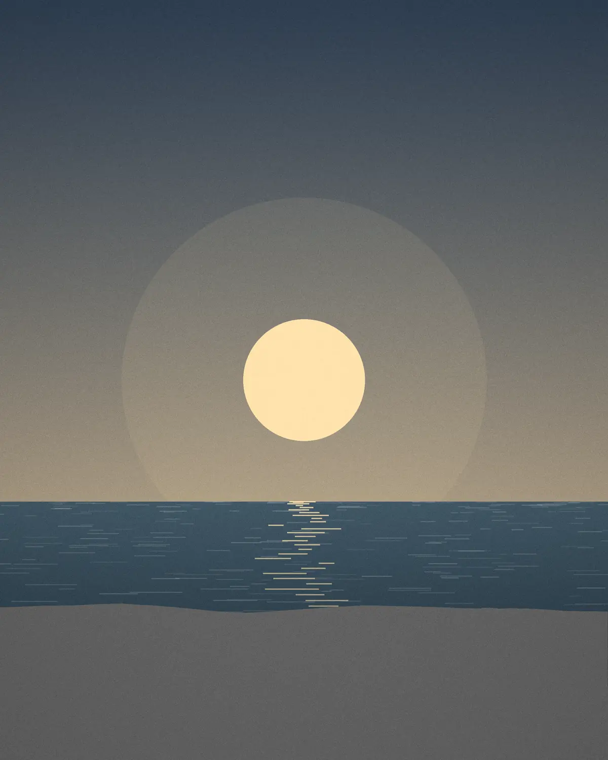 Illustration : soleil bas sur la rade, au-dessus de l’eau calme et de la côte sombre